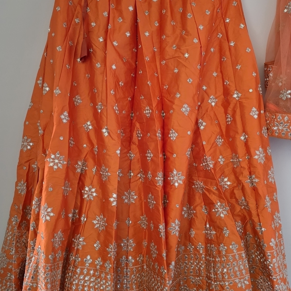 Delightful Orange Sequins, Zari With Embroidered Devsena Silk Lehenga Choli - Picture 5 of 13